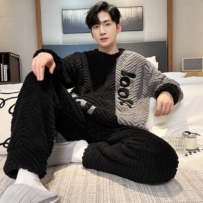 Men's Winter Coral Fleece Pajamas: Outdoor Wearable, Thickened Flannel, One-Piece Home Clothing
