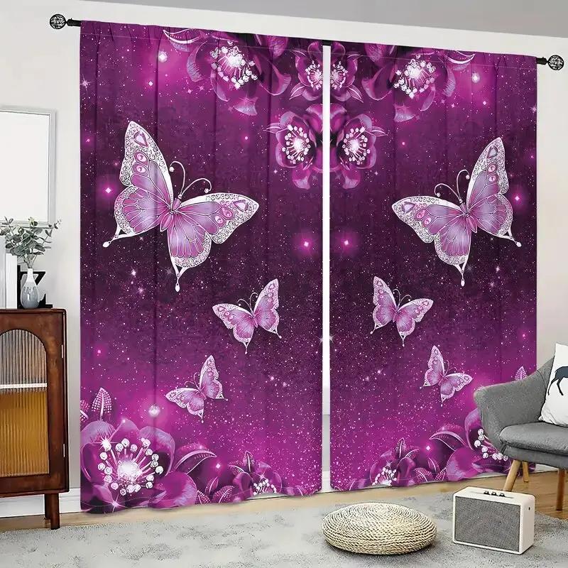 Christmas Decoration Purple-Blue Crystal Butterfly Pattern Printed Curtains   Home Decoration   Room Decoration