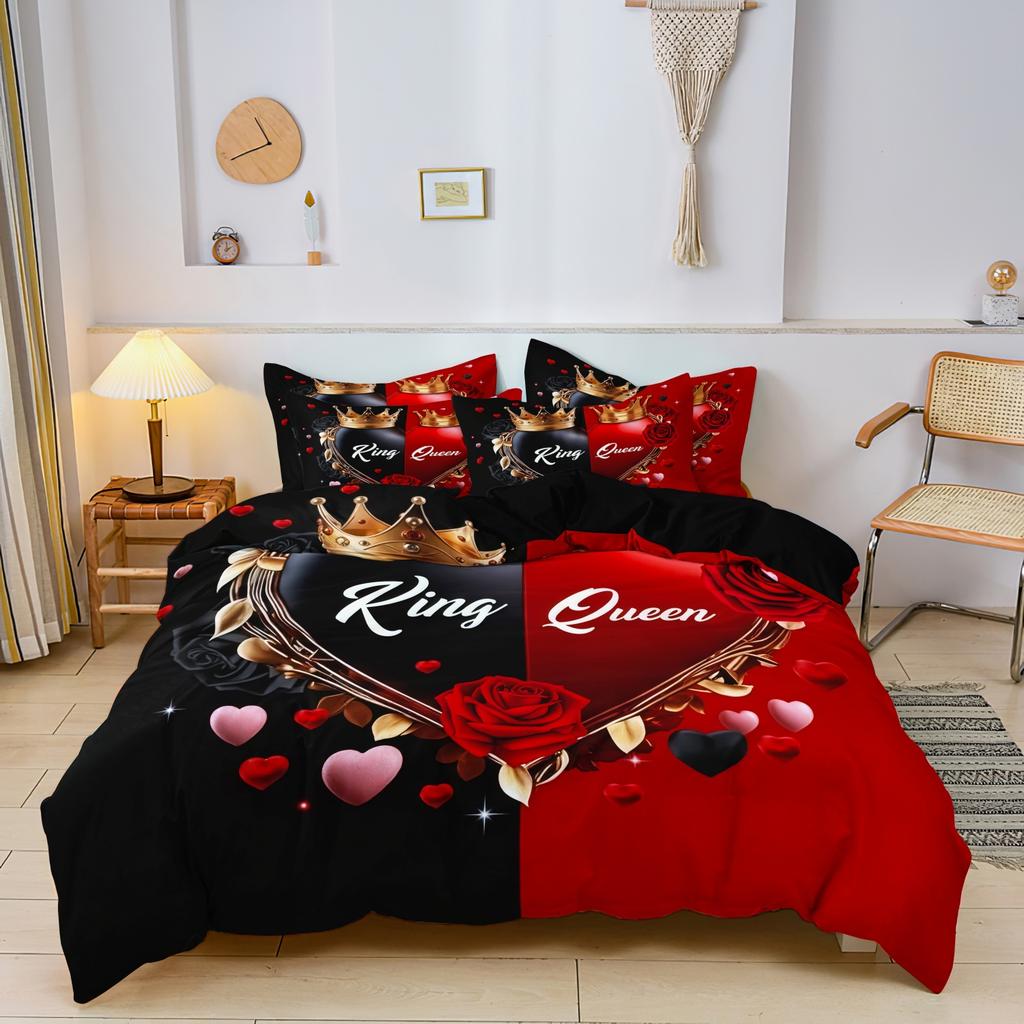 3uds Rey Reina Día de San Valentín Forma de Corazón Amor Pareja Rosa Funda Nórdica Todas las Estaciones Impresión de Alta Definición Regalo del Día de San Valentín