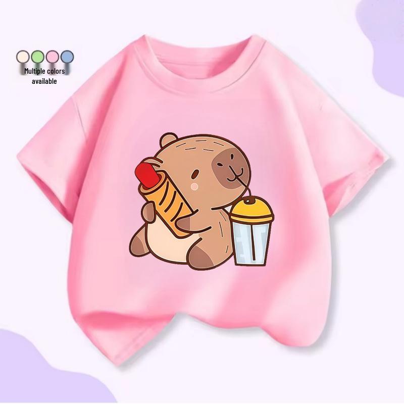 Unisex Kids’ Cute Capybara Milk Tea Cartoon T-Shirt - Loose Summer Casual Short Sleeve Top