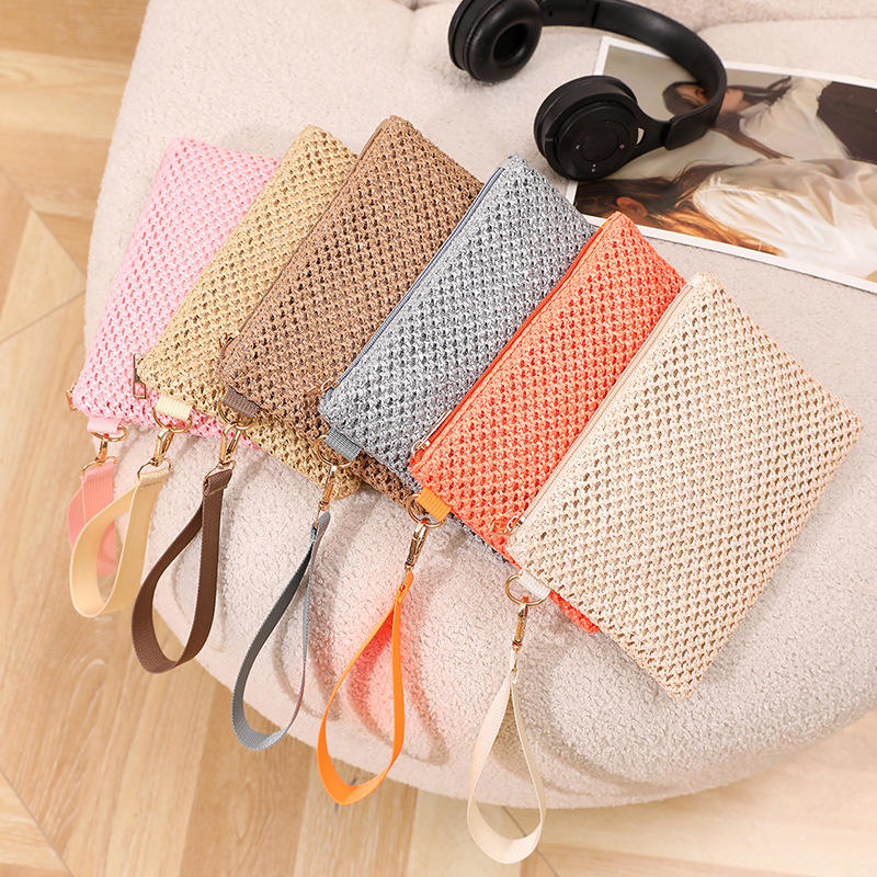 Fashion Straw Woven Bag For Women Hollow Out Beach Handbag With Wrist Strap Portable Phone Purse Solid Color Simple Cash Bag Summer Accessory