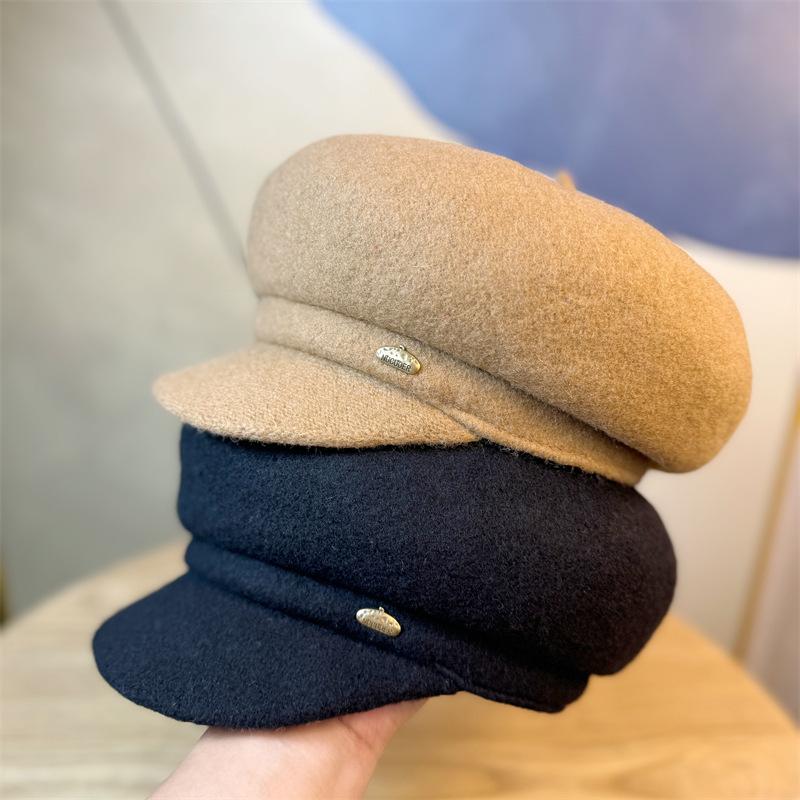 Wollbarett Damen Herbst und Winter Vielseitiges Temperament Entenschnabelmütze Koreanischer Stil Gesicht zeigend Klein Warm Retro Schiebermütze