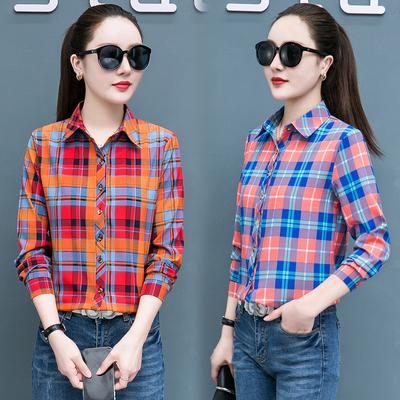 Camisa xadrez feminina Hundred Women Tops solto retrô Hong Kong sabor camisa de manga comprida
