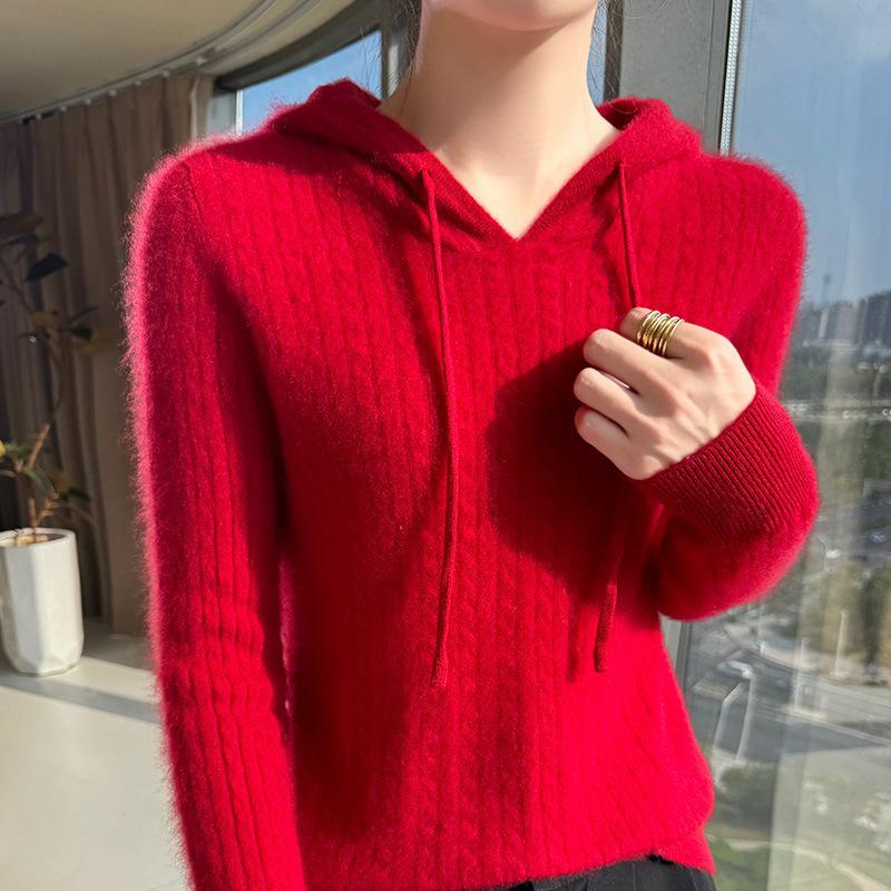 Women's 100% Pure Wool Cable Knit Hoodie Sweater - Autumn/Winter Collection.