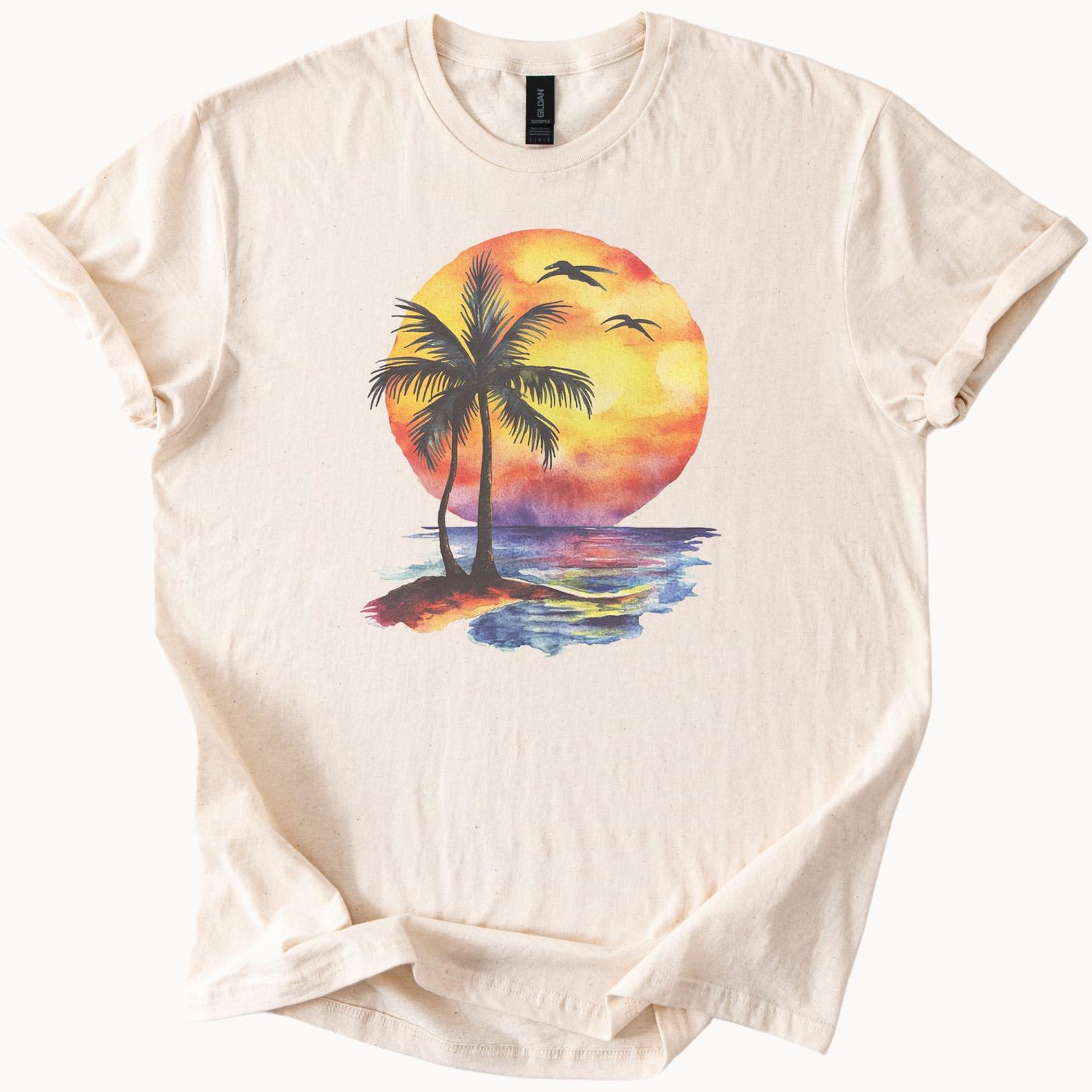 Palm Tree Sunset Graphic T Shirt Beach Ocean Art Summer Tee with Birds and Watercolor Sky Relaxed Fit Soft Cotton Top 150