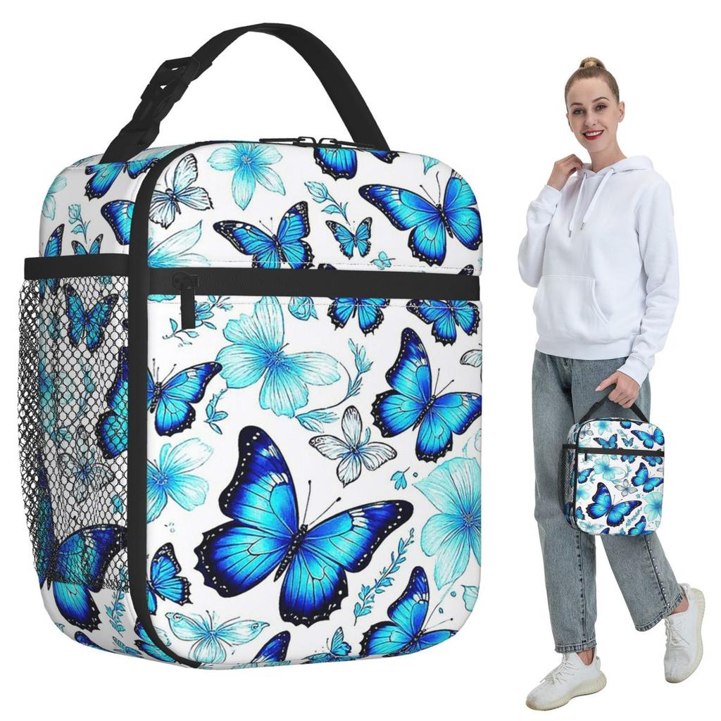 Blue Butterfly Pattern Insulated Lunch Bag for Kids School Cooler Thermal Food Box Tote Portable Lunch Boxes Container