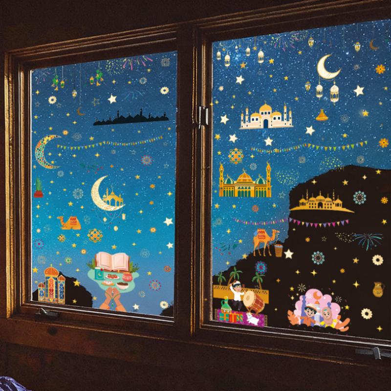 Middle Eastern Festival Wall Decorations Moon Star Lantern Beautify Glass Stickers Removable Adhesive Wall Stickers