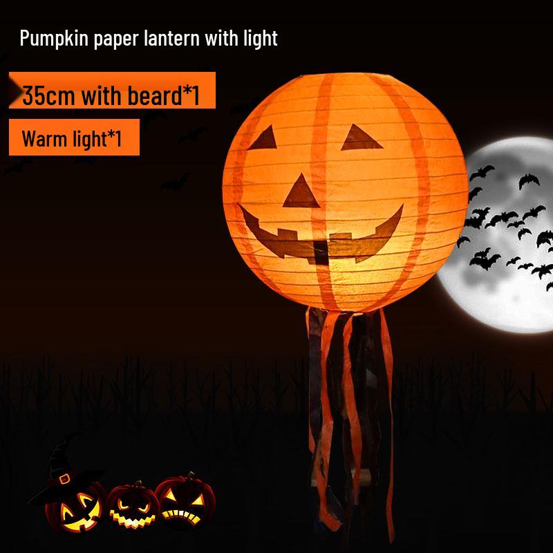 Halloween Pumpkin Lanterns: Hanging Ornaments, String Lights, Paper Lanterns, and Handheld Props for Bar and Kindergarten Decorations.