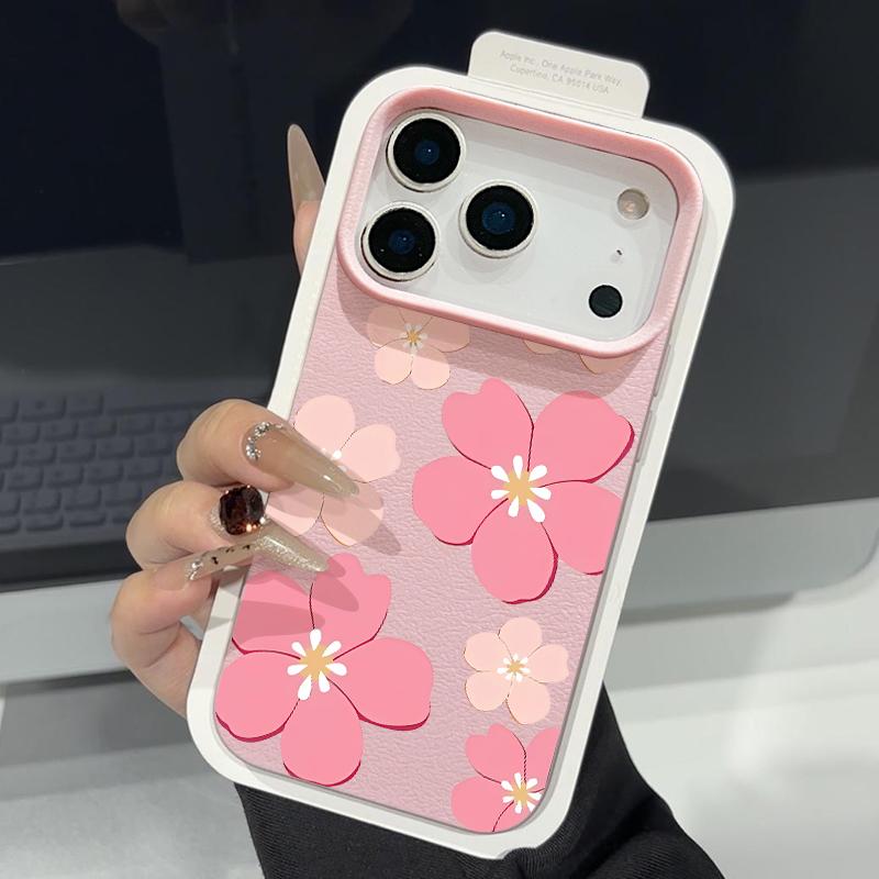 Fresh Style Cherry Blossom Pattern Case For iPhone 17 Pro Max Leather Texture Soft Silicone Cover For iPhone 16 15 14 13 Pro 12 11 16E Air