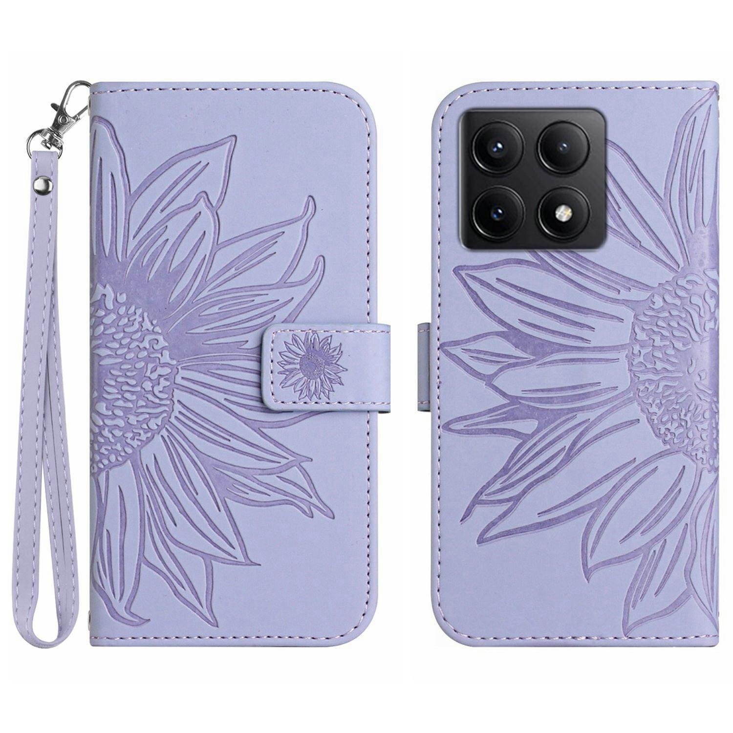 

HT04 For Xiaomi 14T Case Sunflower Imprint Leather Wallet Phone Cover with Wrist Strap B