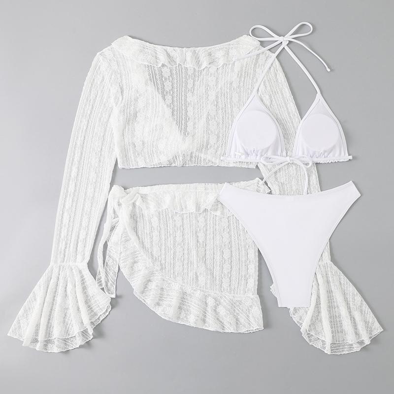 Swimwear Women Long Sleeve Ruffles Cover Up Skirt 4 Piece Bikini Set Push Up Beach Bathing Suit High Waist Swimsuit