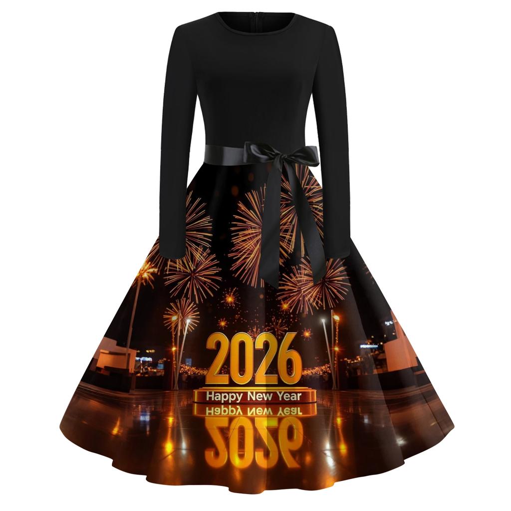 Women's Casual Fashion Round Neck Long Sleeve New Year Printed Retro Dress