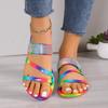 Spring and Summer New Large Size Rainbow Rhinestone Cool Slippers Flat Bottom Fashion Daily Casual Wear Comfortable Dew