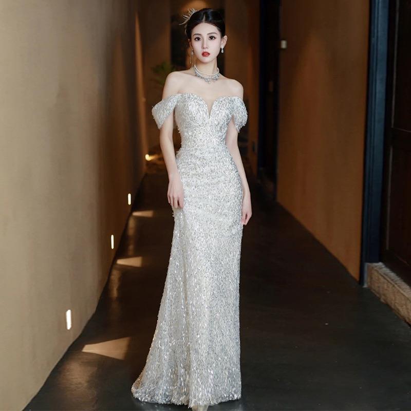 French Fishtail Light Wedding Dress 1011 New Bride Small One-word Shoulder Large Size Simple Going Out Dress Women