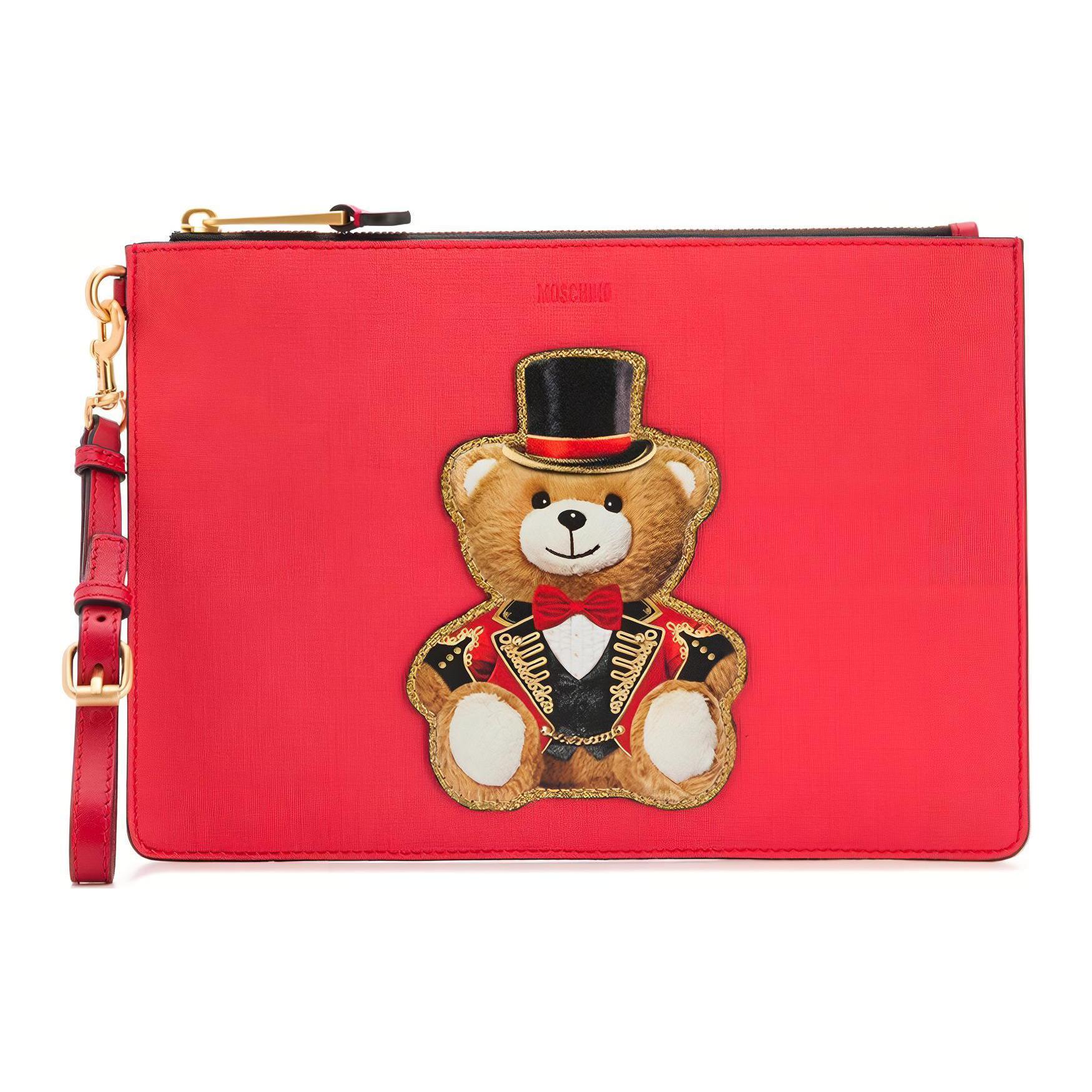 Moschino Logo Embossed Zipper Closure Bear Leather Wallet Clutch Women wallets Red 7A8429-8210-1115 Basic Set (Bag+Dust Bag)