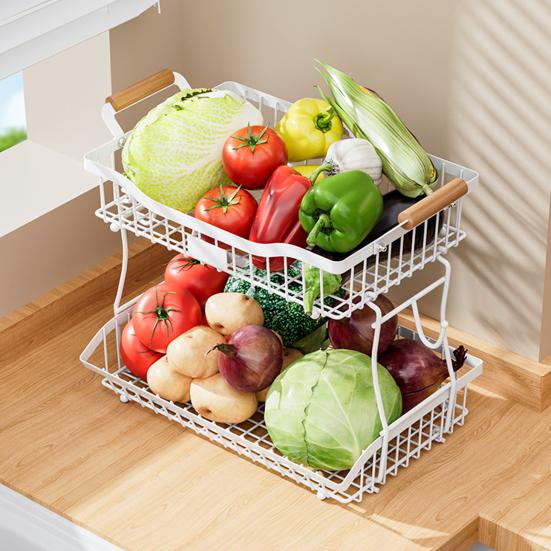 Košík na ovoce Kuchyňský úložný regál s dřevěnými rukojeťmi Dvouvrstvý design Velká kapacita Koš na zeleninu a ovoce s držáky na banány