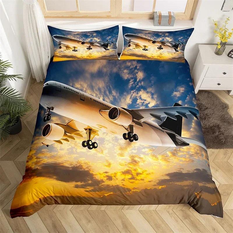 3D Airplane Duvet Cover King Aircraft Transportation Bedding Set Microfiber Globe Comforter Cover Helicopter Decor Quilt Cover