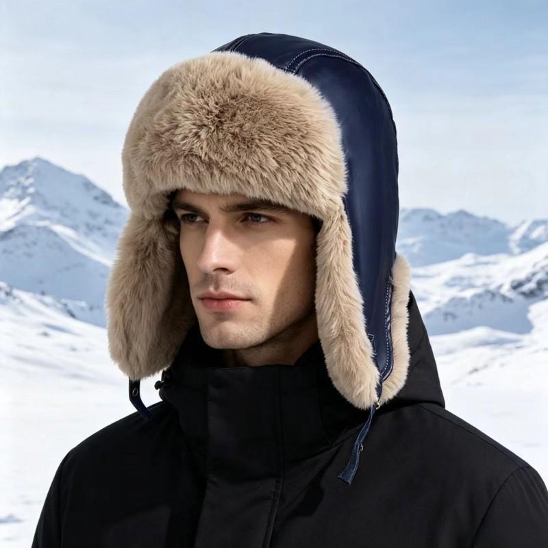 Winter Warm PU Fleece-Lined Aviator Hat Men Women - Windproof Waterproof Ear Protection Cap In Red Brown Black Khaki Navy