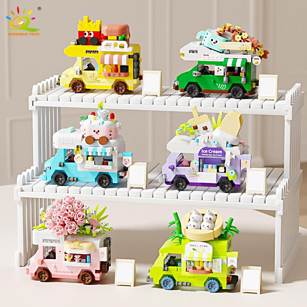 HUIQIBAO Street Food Car Model Micro Building Block MOC Flower Store truck Bricks Set Cute Ornament Decoration Toy for Kid Girl
