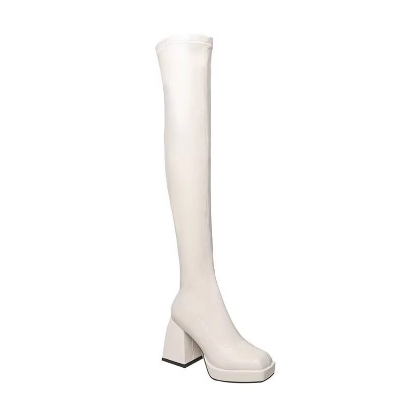 High-heeled Over-the-knee Boots for Women's 2025 Autumn and Winter New Small Slim Waterproof Table Square Head Thick-heeled White High Boots