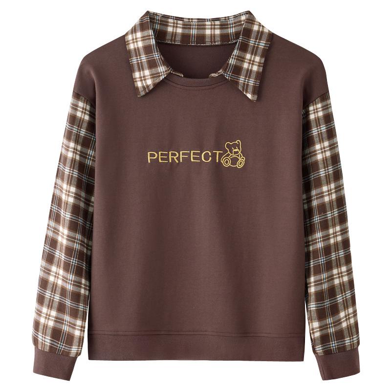 Women's Spring New Fashion Check Fake Two High Grade Loose Long Sleeved Top