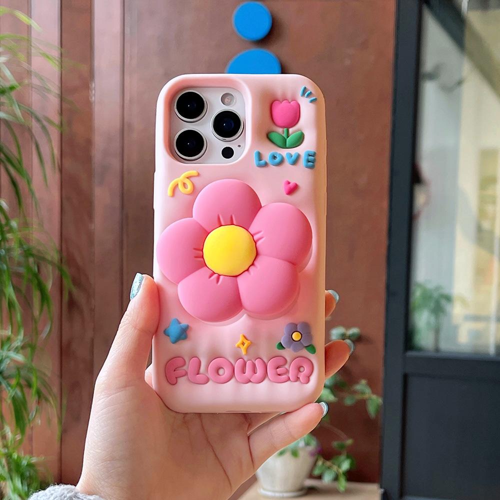Cute 3D Floral Bracket Soft Silicone Case Flower Stand Holder Cover for iPhone 16 15 14 13 12 11 Pro Max 7 8 Plus X XS Max XR