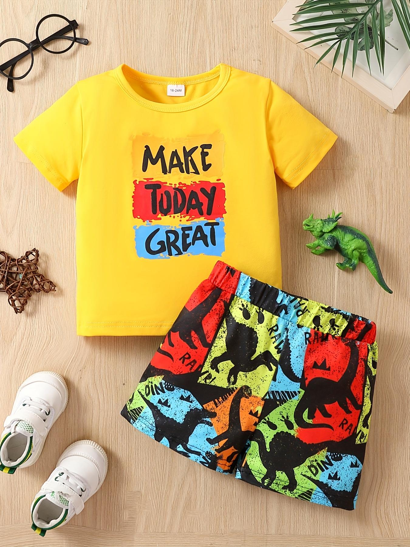 Boys 2 Piece Outfit Letter Print Top MAKE TODAY GREAT Dinosaur Shorts Casual Trendy Set 18-24M