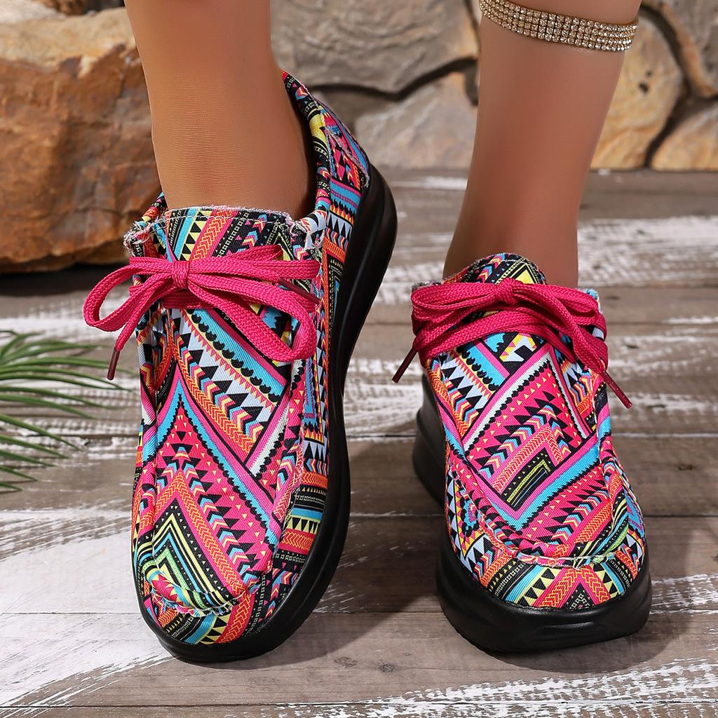Sneakers alla Moda da Donna Autunno Nuovi Casual Quotidiani Sneakers da Donna Tela Etnica Arcobaleno Punta Tonda Stampa Multicolore Sneakers con Lacci