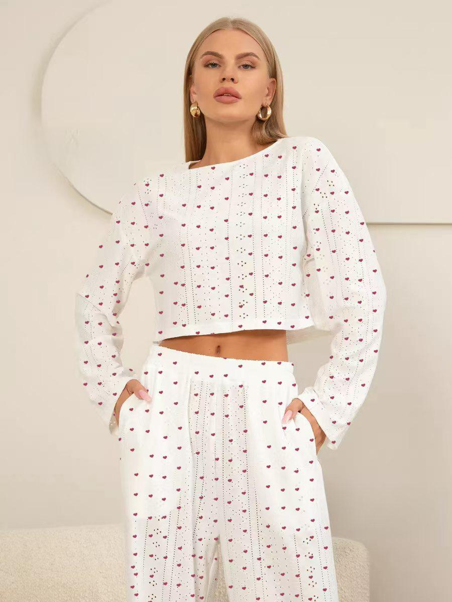 

Autumn/Winter Women s Pajamas: Round Neck, Jacquard Small Heart Print, Long Pants & Sleeves Large