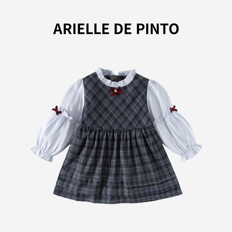 French Arielle De Pinto Girls Dress, New Autumn Style, Stylish British Style Little Girl Plaid Dress, Princess Dress Blue Gray 80