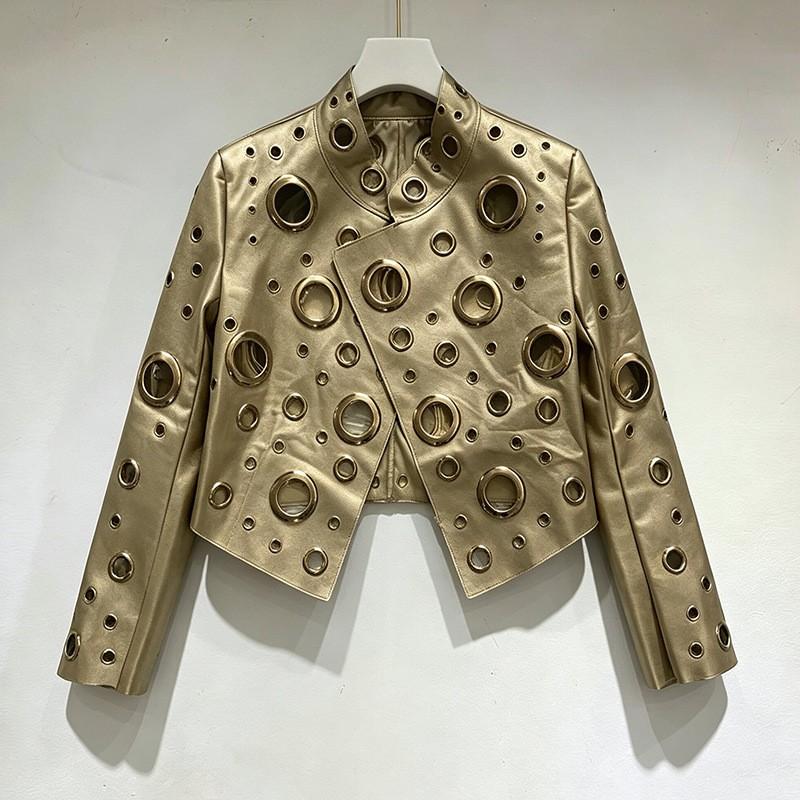 Womens 2026 Patchwork Faux Leather Biker Jacket Stand Collar Cropped Streetwear