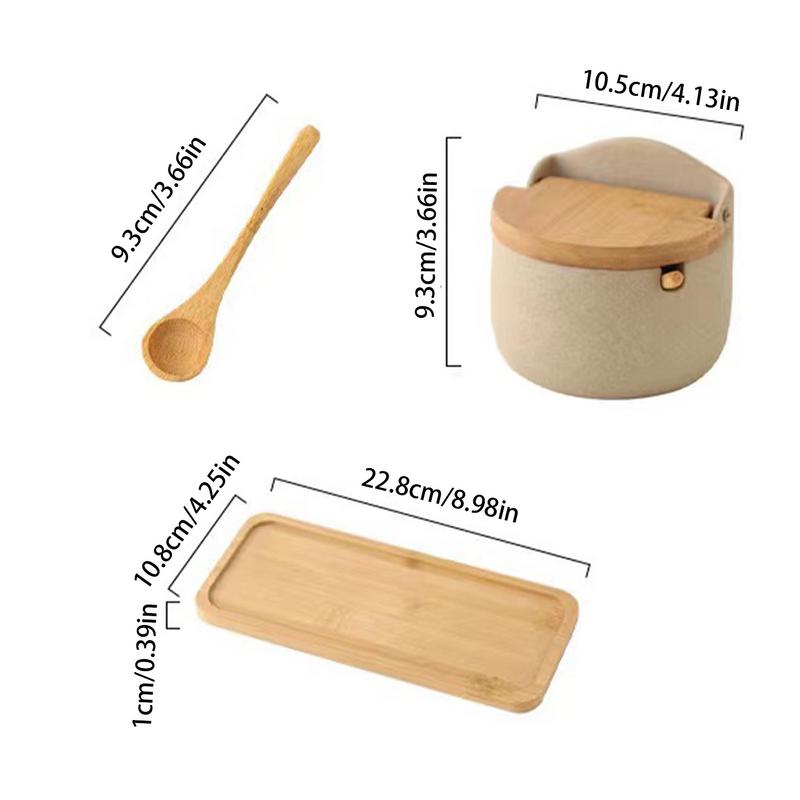 Solniță cu capac ceramică 2X recipient pentru depozitarea sarei cu lingură de lemn și capac cutie de condimente borcan de depozitare a condimentelor de bucătărie