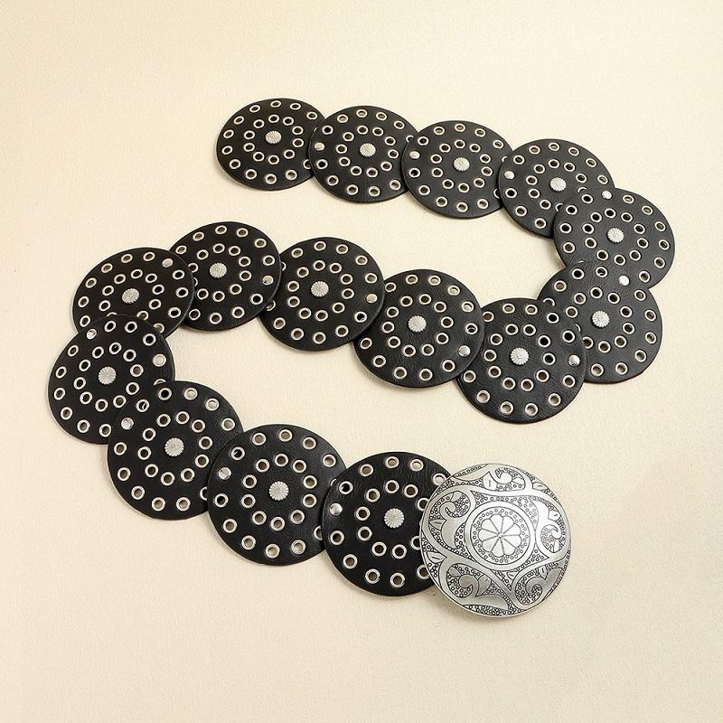 Women's Western Denim Belt High Quality Metal Hollow Ladies Trend Wide Waistband Vintage Personalized Round Belts EMA