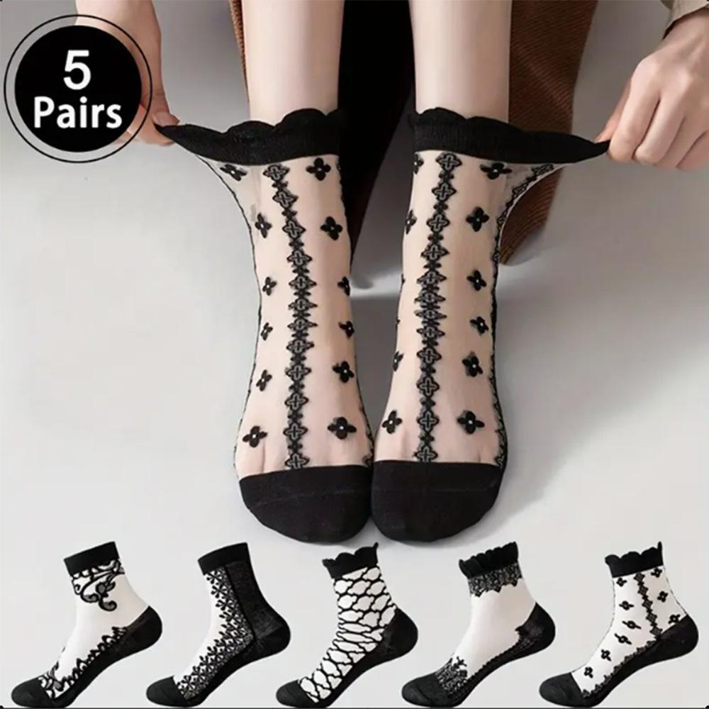 

5 Pairs Women Floral Print Mid Tube Socks Summer Thin Design Sweat Absorbing Breathable Comfortable Casual Women Anti Slip Socks One Size