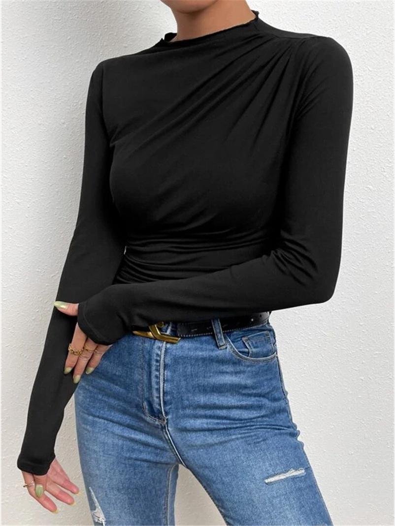 Cross2024 Women s Long Sleeve Slim Fit Pleated T-shirt - Solid Color, Versatile Design S чёрный