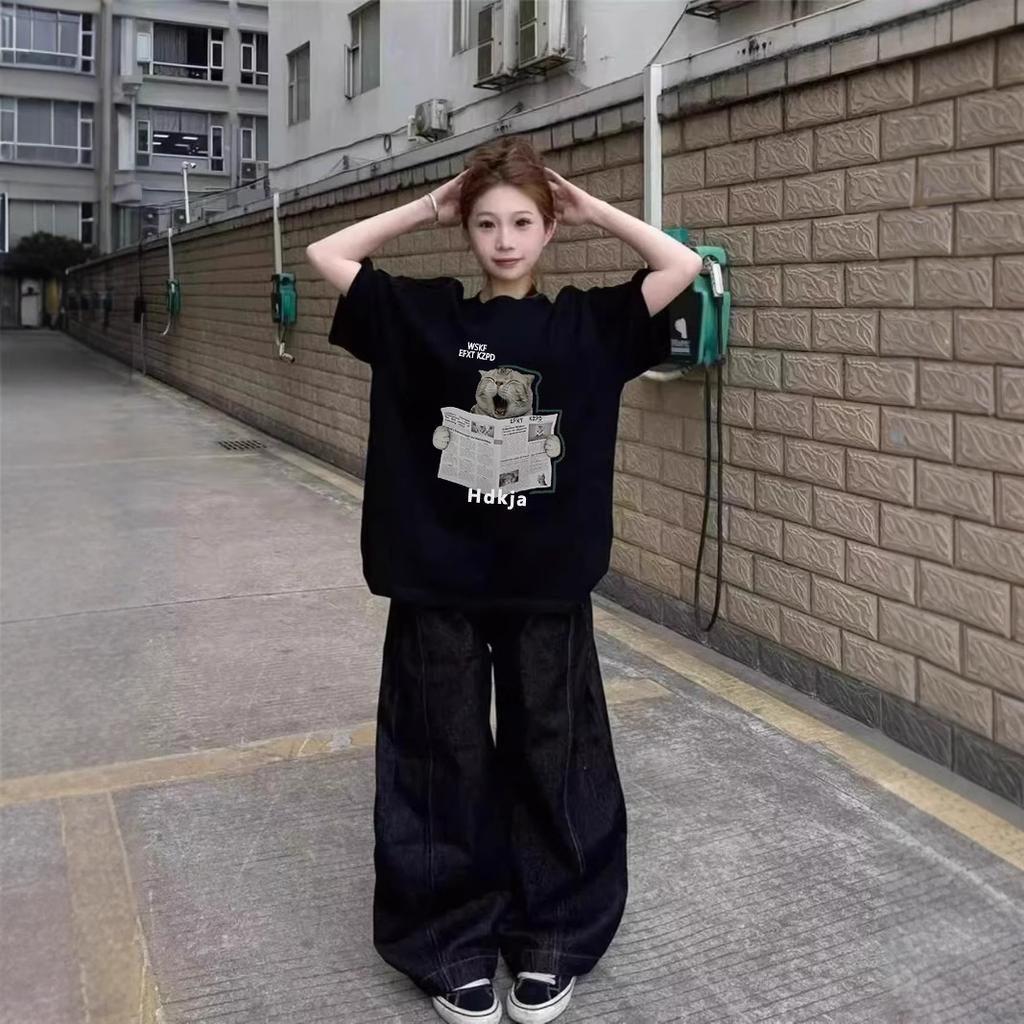 Women's Round Neck Short Sleeve Cotton T-Shirt Loose Fit Cat Print Casual Summer Top