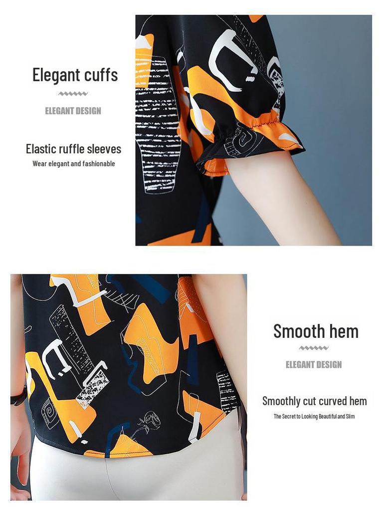 2023 Summer Fashion V-Neck Print Loose Ruffled Short-Sleeve Chiffon Top for Women