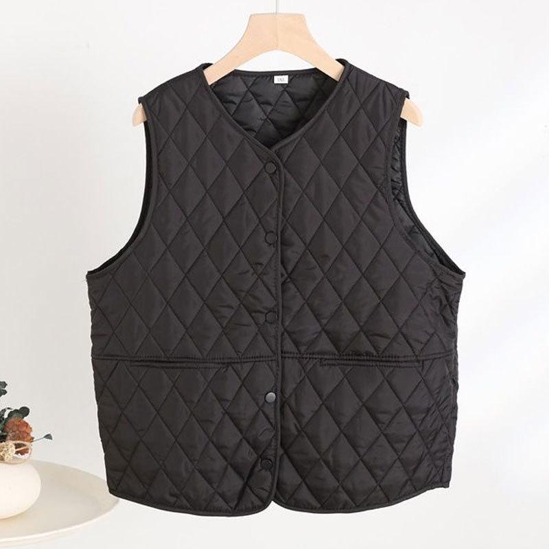 

New spring, autumn and winter cotton vest women s light and thin collar close to the body to keep warm inside and outside vest small plaid vest 5XL [Recommended 140--82.5 kg]