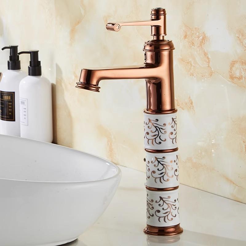 Gold Bathroom Faucet Brass and Ceramic Rose Gold Basin Faucet Deck Mounted Bathroom Water Tap Hot & Cold Mixer Tap Sink Faucet