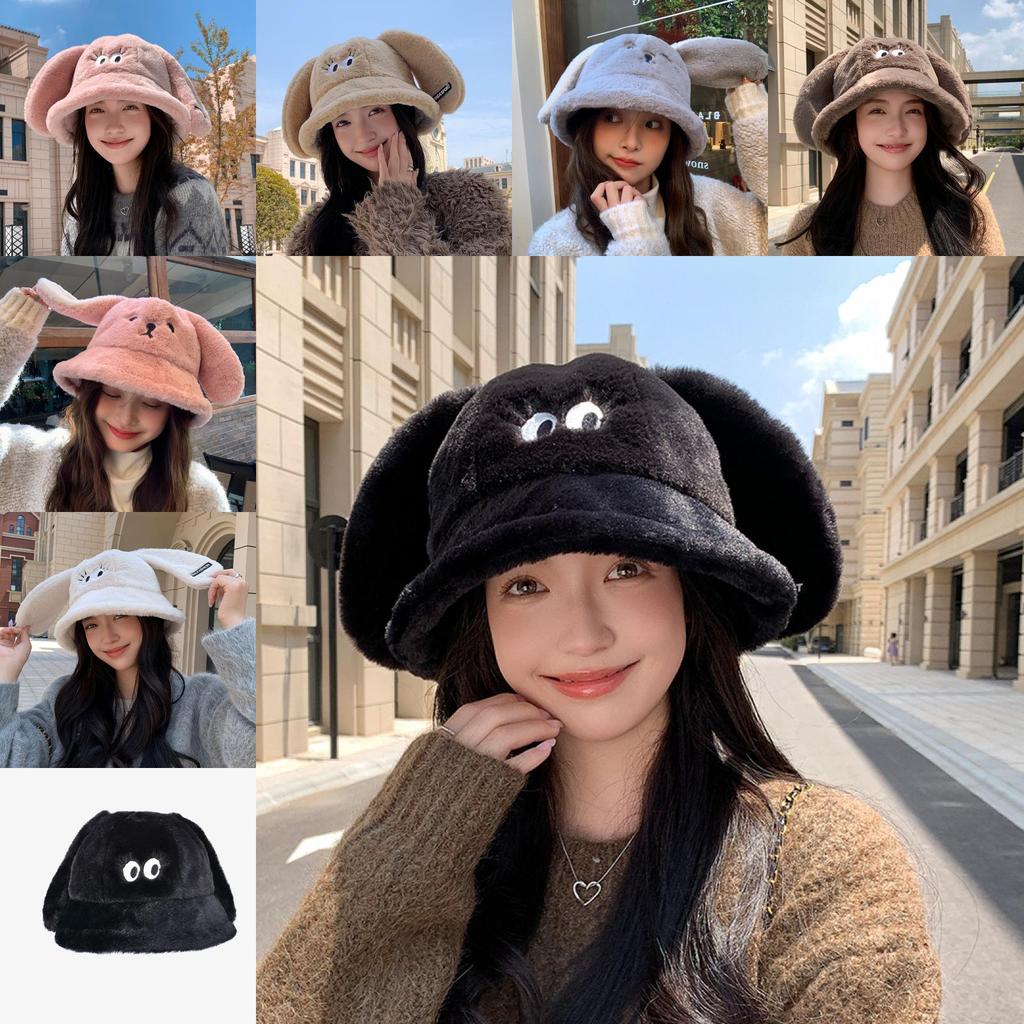 Korean Style Plush Rabbit Ears Bucket Hat With Warm Windproof Function For Outdoor Winter Wear