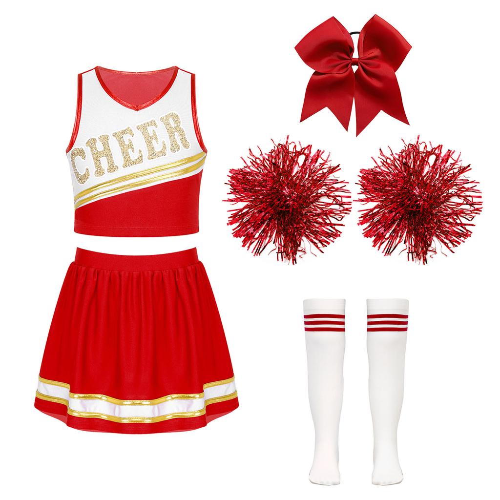 Girls Cheerleading Outfit Sleeveless V Neck Letter Print Crop Top Elastic Waist Skirt Bowknot Headwear Hand Flowers Socks