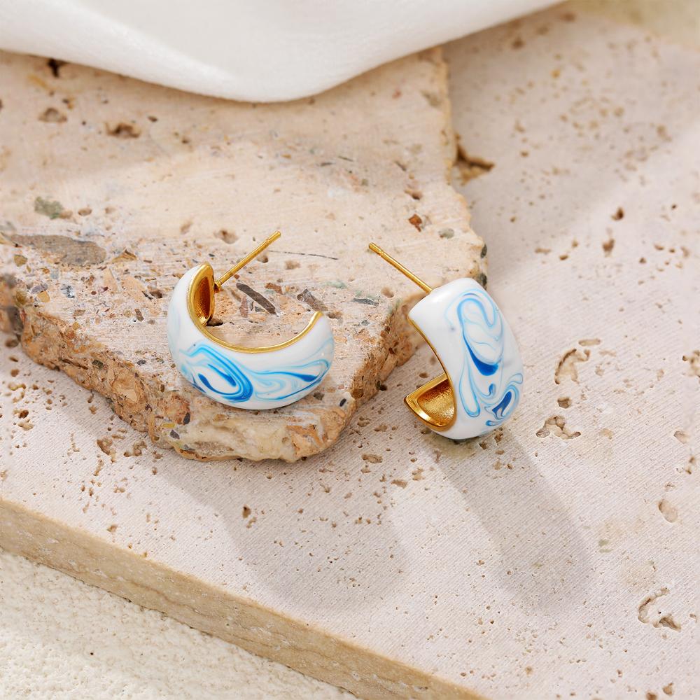 Trendy Blue White Enamel Flower Hoop Earrings Stainless Steel Gold Plated Geometric Circle Ear Studs Vintage Jewelry Gift