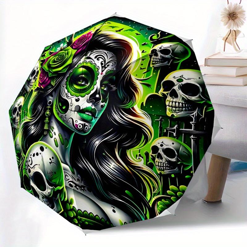 1pc Day of the Dead Automatic Open/close Folding Umbrella, Compact Portable Travel Umbrella, Perfect Birthday/Christmas, Cute Umbrella, Dura