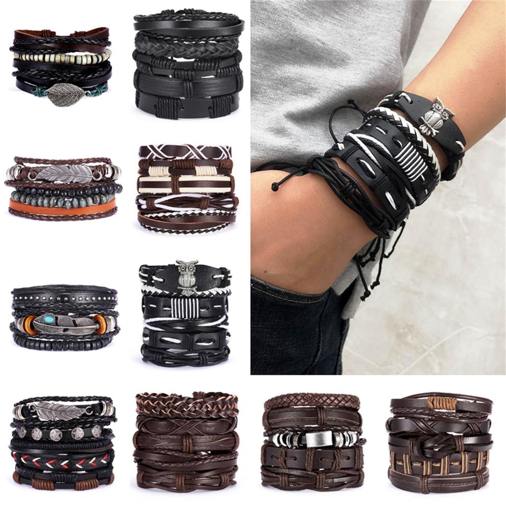 Vintage Multi-layer Feather Star Leather Bracelets For Men Hand-knitted Leaves Rope Wrap Wristband Bracelet Ethnic Party Jewelry