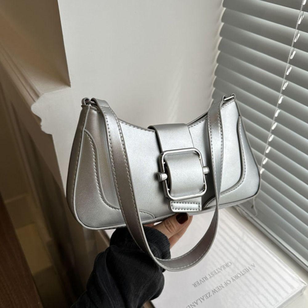 Solid Color Buckle Shoulder Bag Vintage PU Leather Handbag Portable Women s Armpit Bag  Purses серебряный