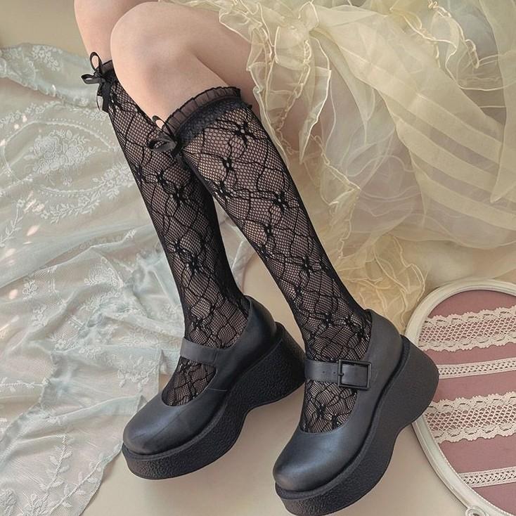 Bow JK Lace White Lace Calf Socks Women's Summer Thin Mary Jane Hollow Medium Tube Small Fragrant Socks