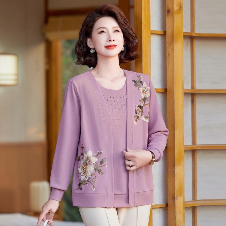Mother's Spring Dress Fashionable Top Thin Fake Two-piece Knitted Cardigan Middle-aged and Elderly Women's Spring and Autumn Embroidered Shirt