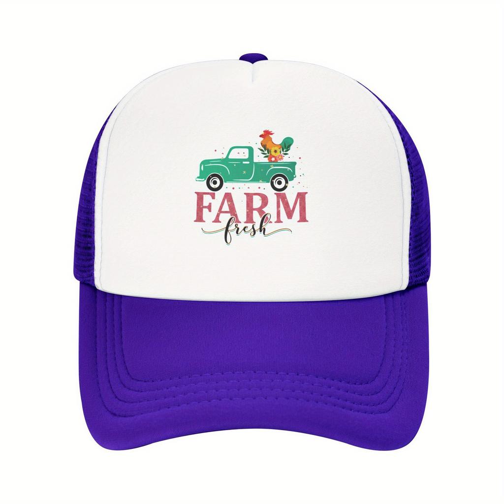 Farm Fresh Truck Rooster Graphic Trucker Hat Polyester Mesh Breathable Casual Unisex Cap