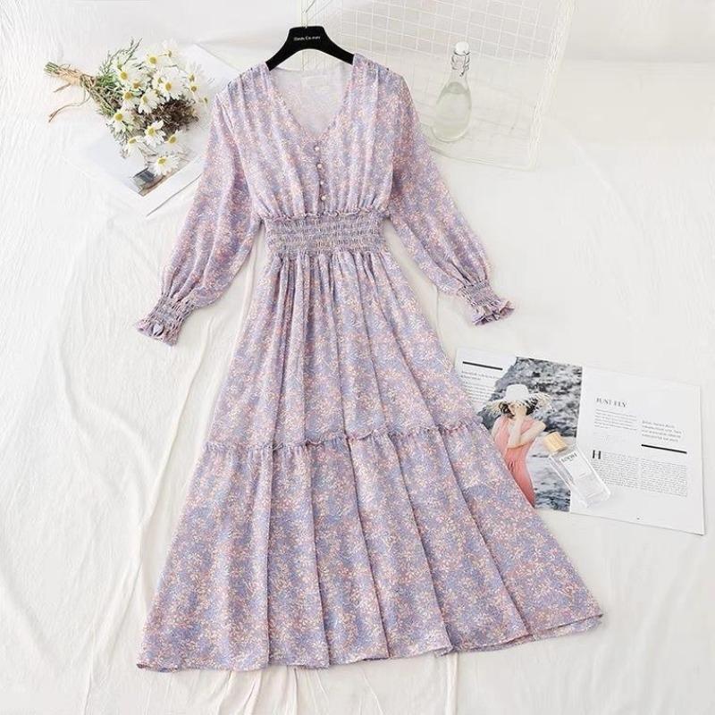 Geblümtes Chiffonkleid mit V-Ausschnitt für Damen, Rüschenmanschetten, lange Ärmel, süßes A-Linien-Feenkleid für Frühling und Sommer