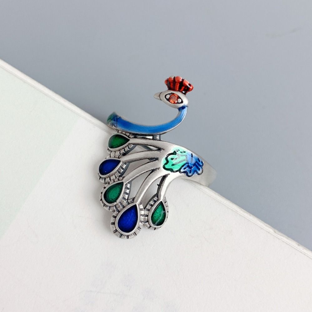 Exaggerated Women Finger Rings Peacock Enamel Retro Ring Fashion Open Rings  Girls